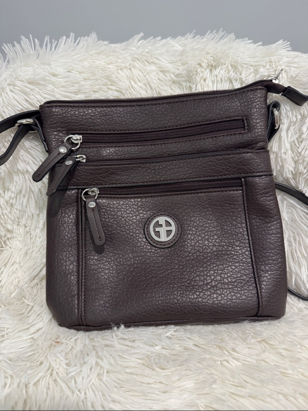 Giani Bernini Dark Brown Pebbled Crossbody Bag with Silver-Tone Logo